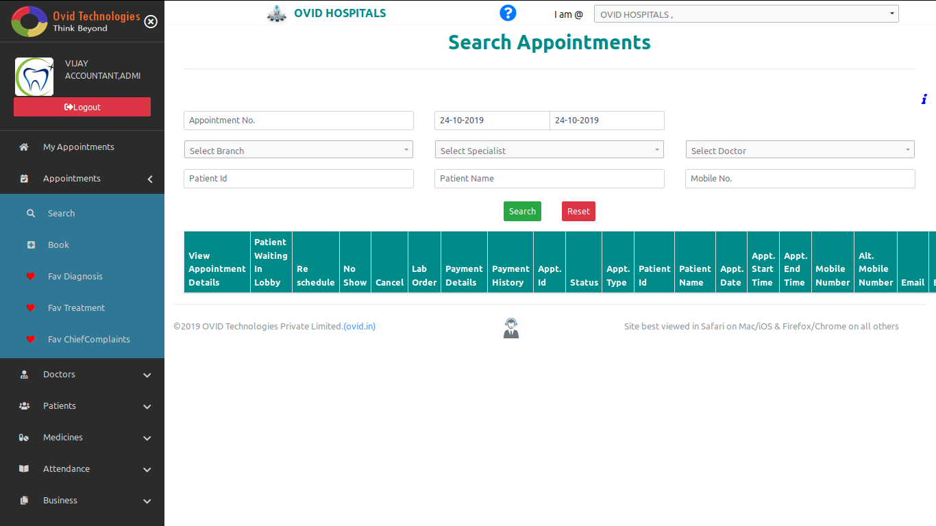 Easy Appointment search in OVID HMS-Cloud based Dental Software & Cloud Based Hospital Management System Software