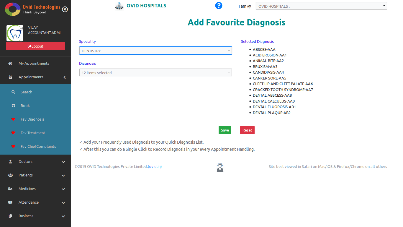 To add Favourite Diagnosis in OVID HMS-Cloud based Dental Software & Cloud Based Hospital Management System Software