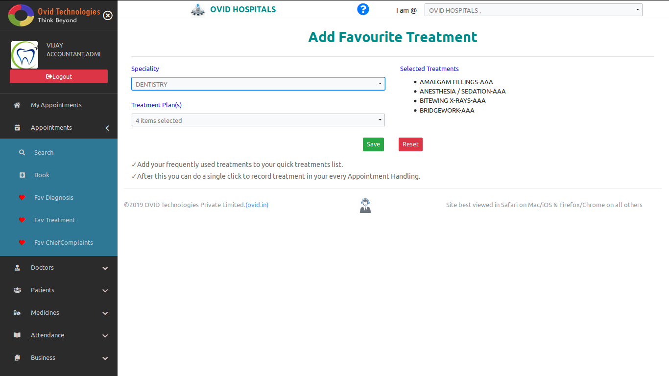 To add Favourite Treatment in OVID HMS-Cloud based Dental Software & Cloud Based Hospital Management System Software