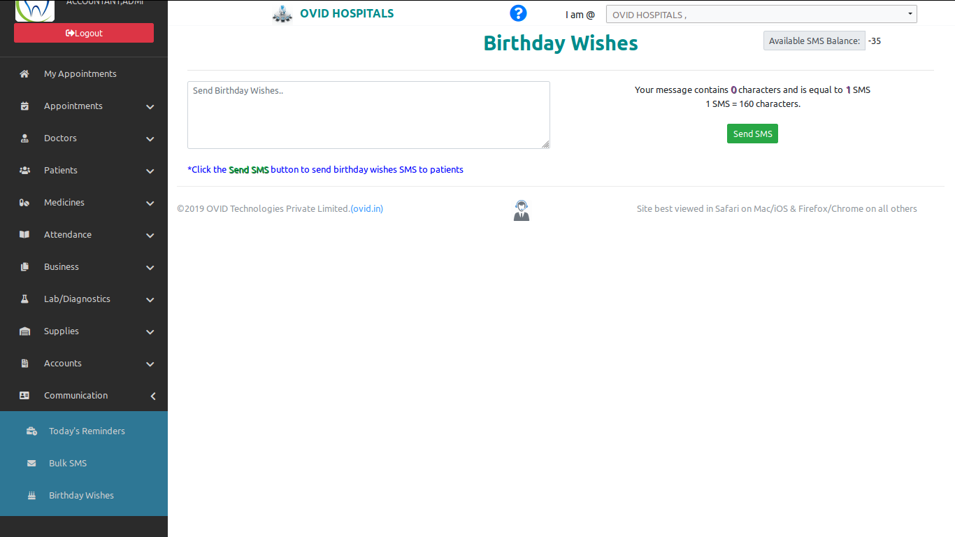 Birthday Wishes in OVID HMS-Cloud based Dental Software & Cloud Based Hospital Management System Software