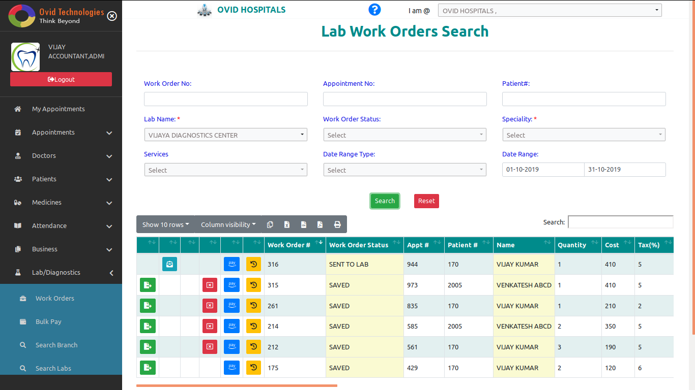 Lab work order search in OVID HMS-Cloud based Dental Software & Cloud Based Hospital Management System Software