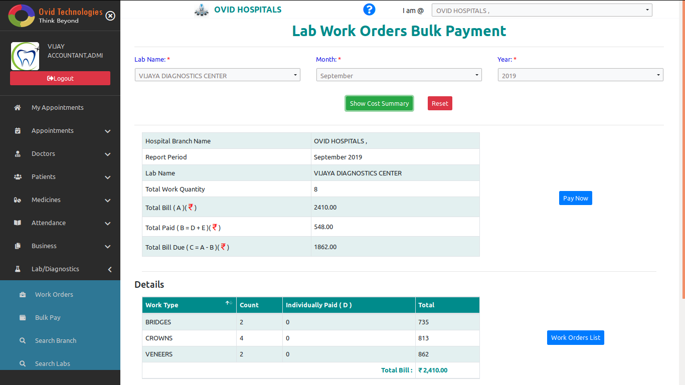Lab work order Bulk payment in OVID HMS-Cloud based Dental Software & Cloud Based Hospital Management System Software