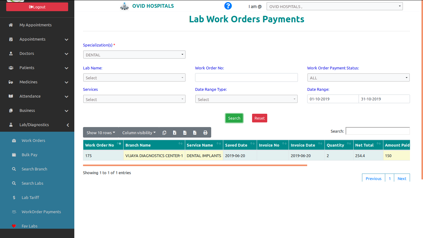 Lab work order Payments in OVID HMS-Cloud based Dental Software & Cloud Based Hospital Management System Software