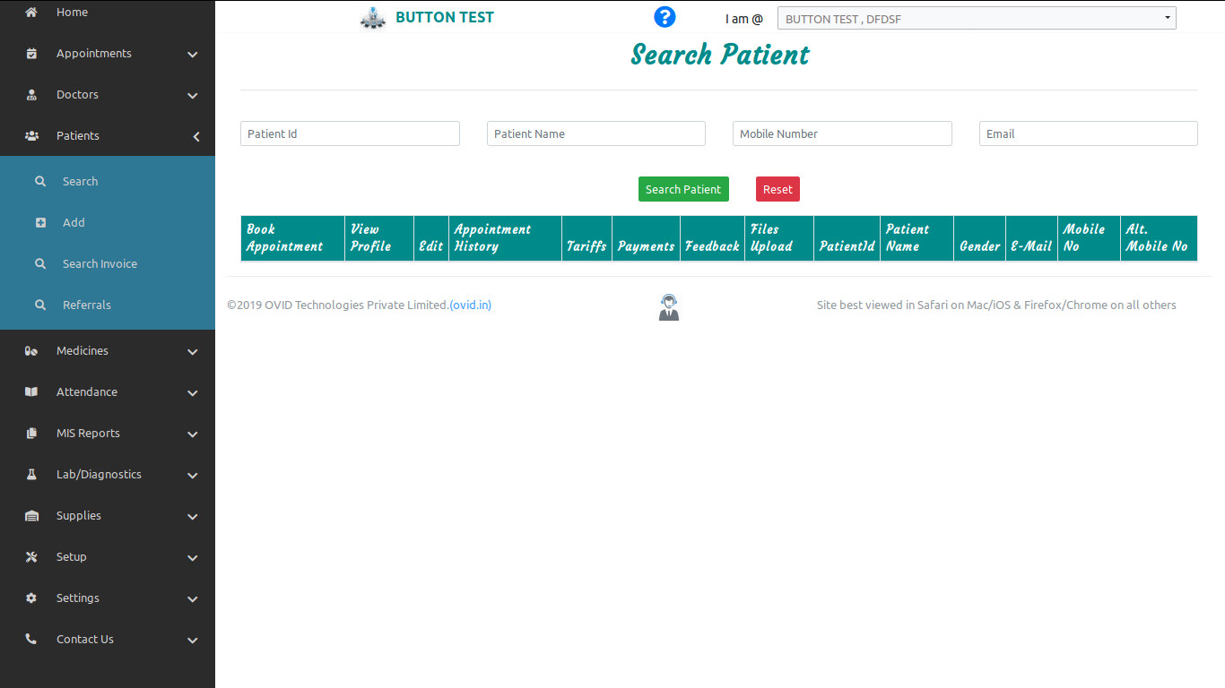 Simple Search Patient in OVID HMS-Cloud based Dental Software & Cloud Based Hospital Management System Software