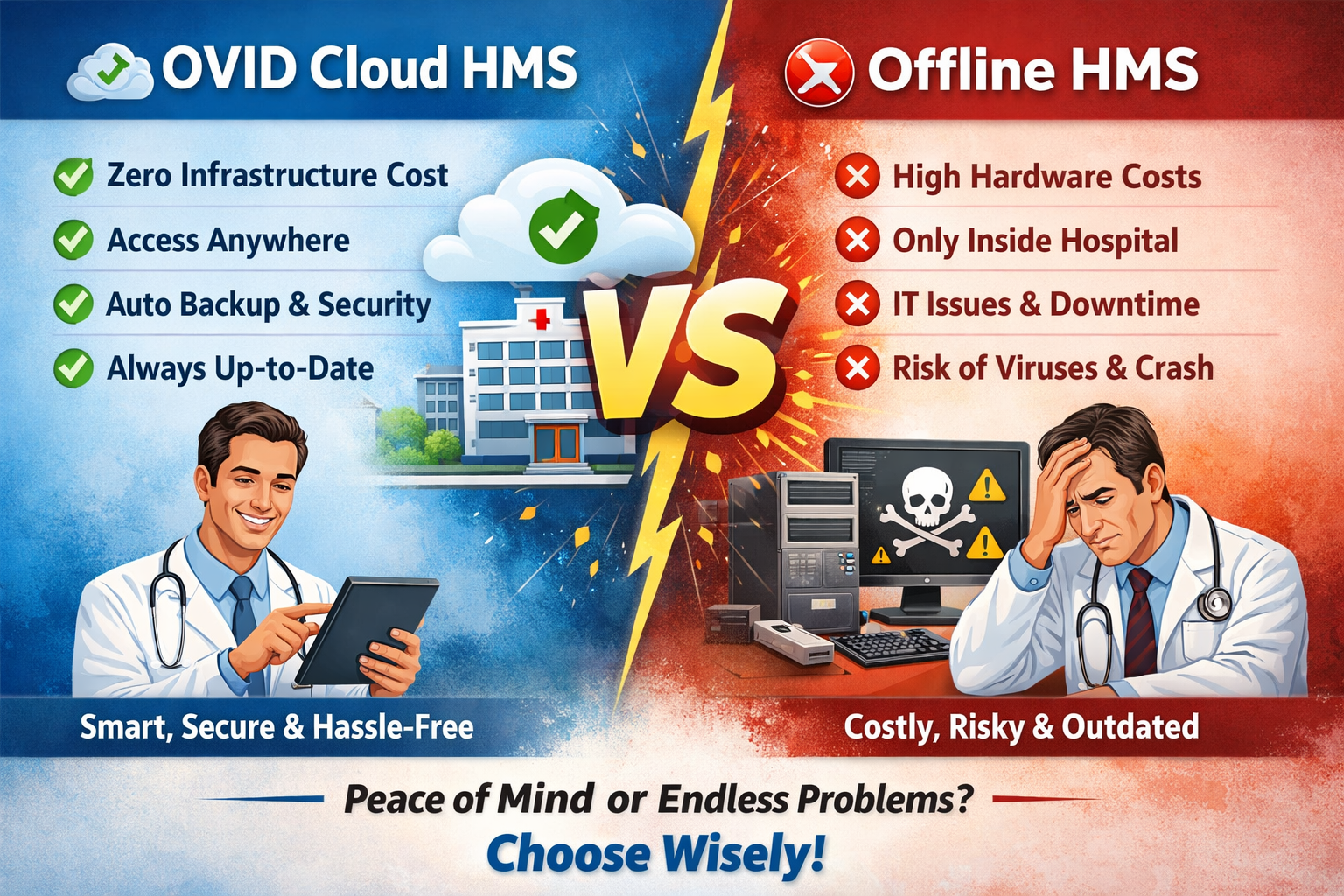 OVID HMS vs Offline HMS comparison showing cloud advantages vs offline risks