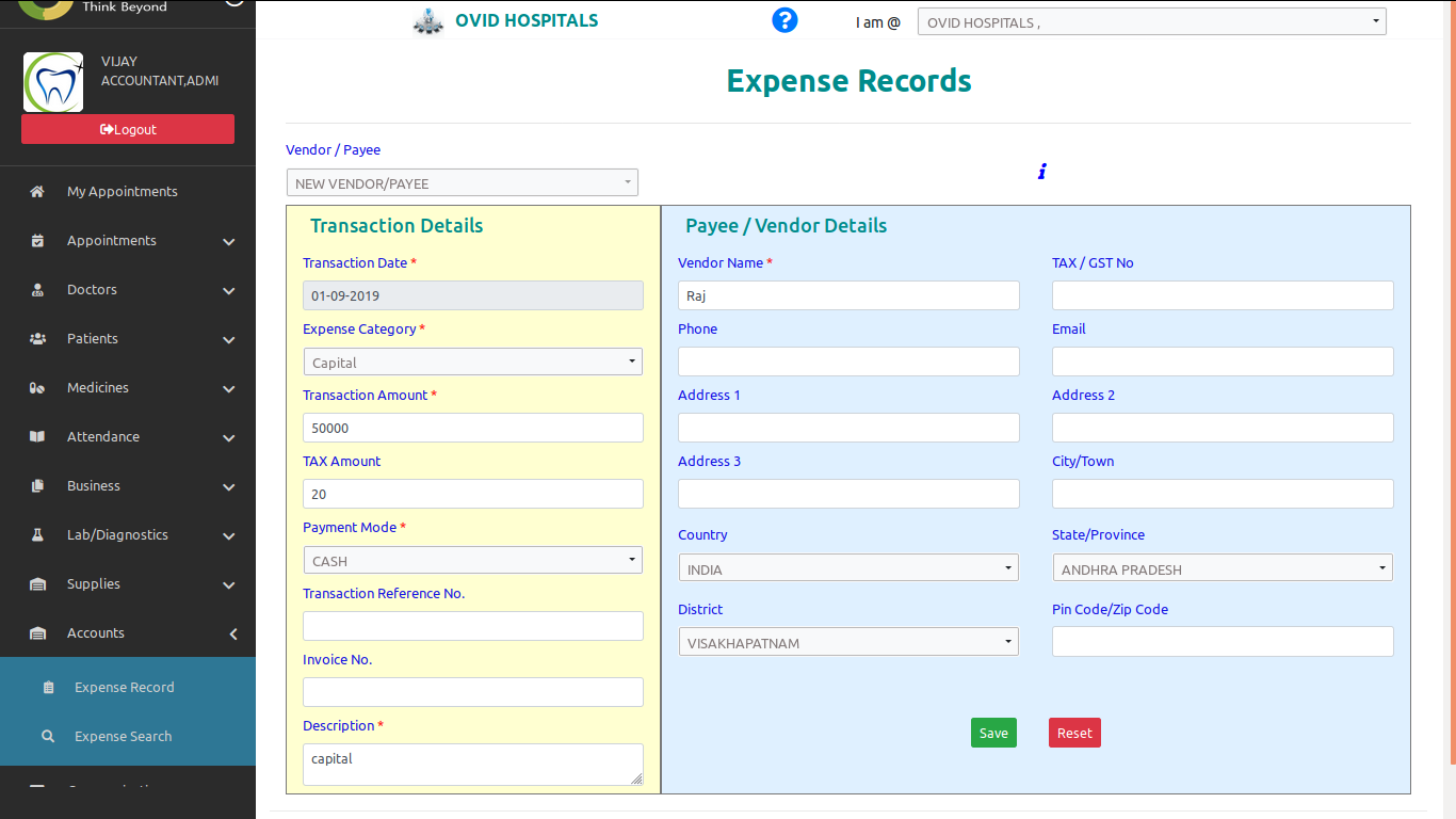 Easy Expense Records in OVID.IN HMS-Cloud based Dental Software & Cloud Based Hospital Management System Software