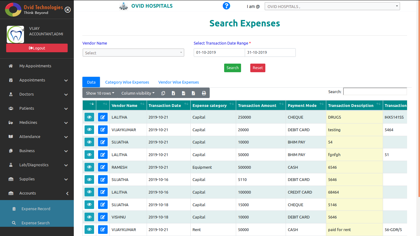 Quick to search expenses in OVIDHMS-Dental Practice Management and Hospital Management System Software
