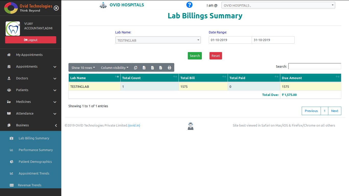 Simple Lab Billing Summary in OVID.IN HMS-Cloud based Dental Software & Cloud Based Hospital Management System Software