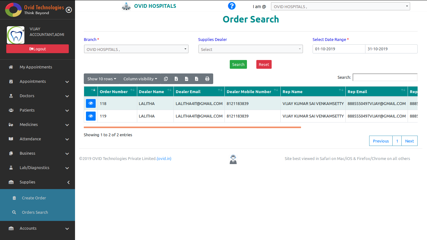 Quickly to search order in OVID.IN HMS-Cloud based Dental Software & Cloud Based Hospital Management System Software